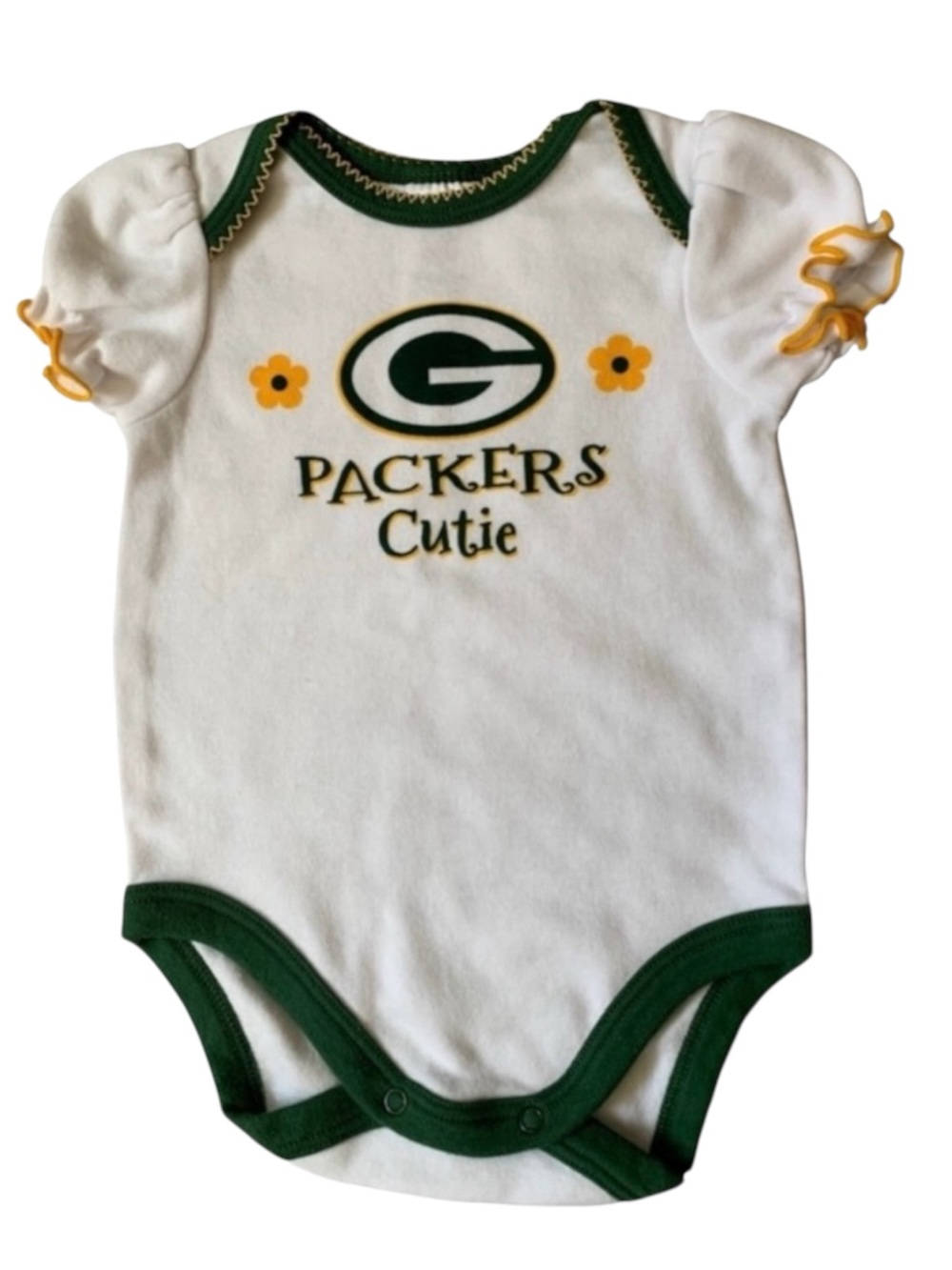 Packers Cutie Bodysuit Size 0-3 Months-Green,Yellow-Football-Snaps Flowers